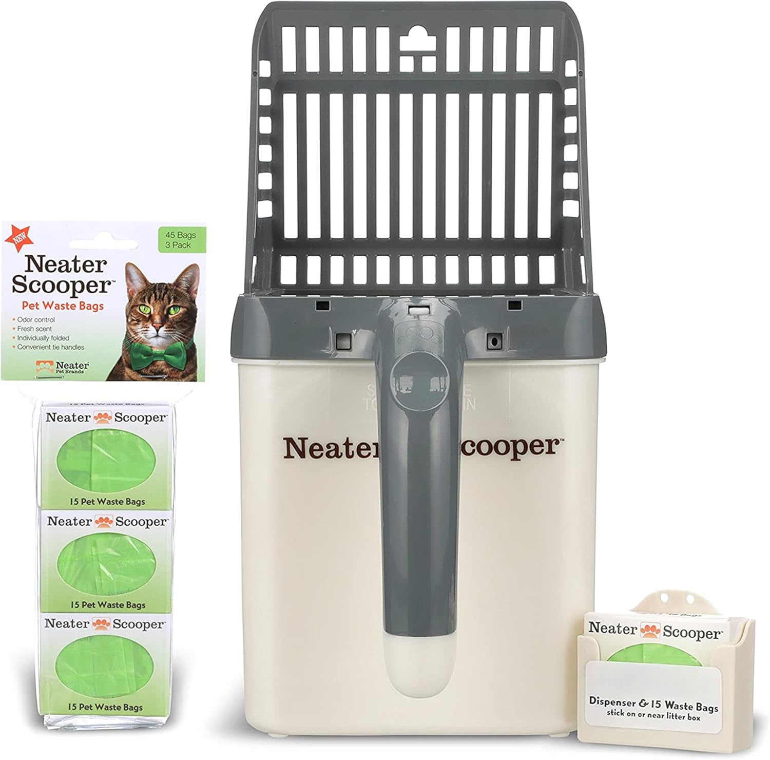 Neater Pets Neater Scooper Standard Cat Litter Scoop, 60 Refill Bags – Mess-Free Cat Litter Scooper with Bag, Spill-Proof Kitty Box Sifter, Bin Doubles as Poop Shovel Holder, for Single-Cat Households