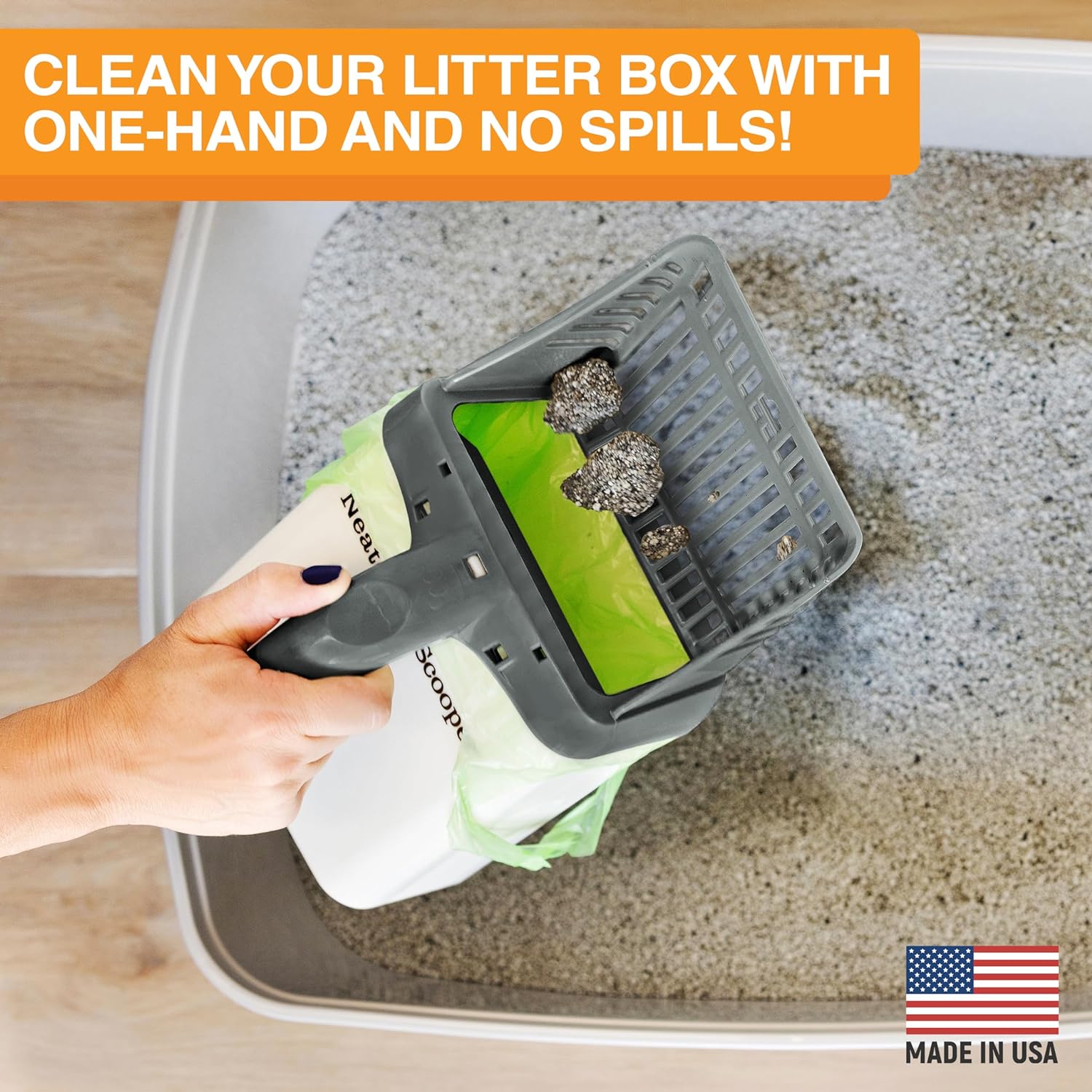 Neater Pets Neater Scooper Standard Cat Litter Scoop, 60 Refill Bags – Mess-Free Cat Litter Scooper with Bag, Spill-Proof Kitty Box Sifter, Bin Doubles as Poop Shovel Holder, for Single-Cat Households